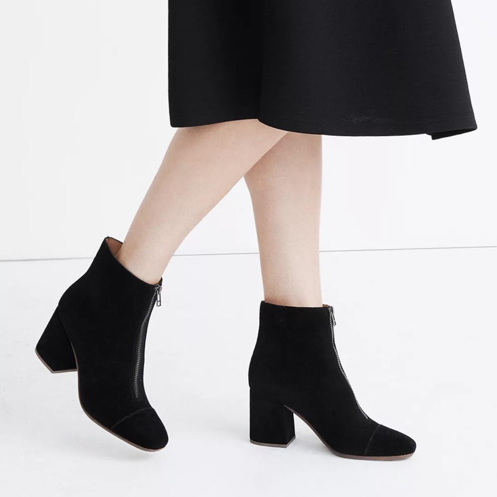 Madewell The Amalia AE232 Black Suede Front Zip Ankle Block Heel Boots Size 8.5
